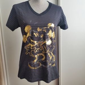Disney Mickey and Minnie Black Grey Gold Striped Short Sleeve Shirt Large